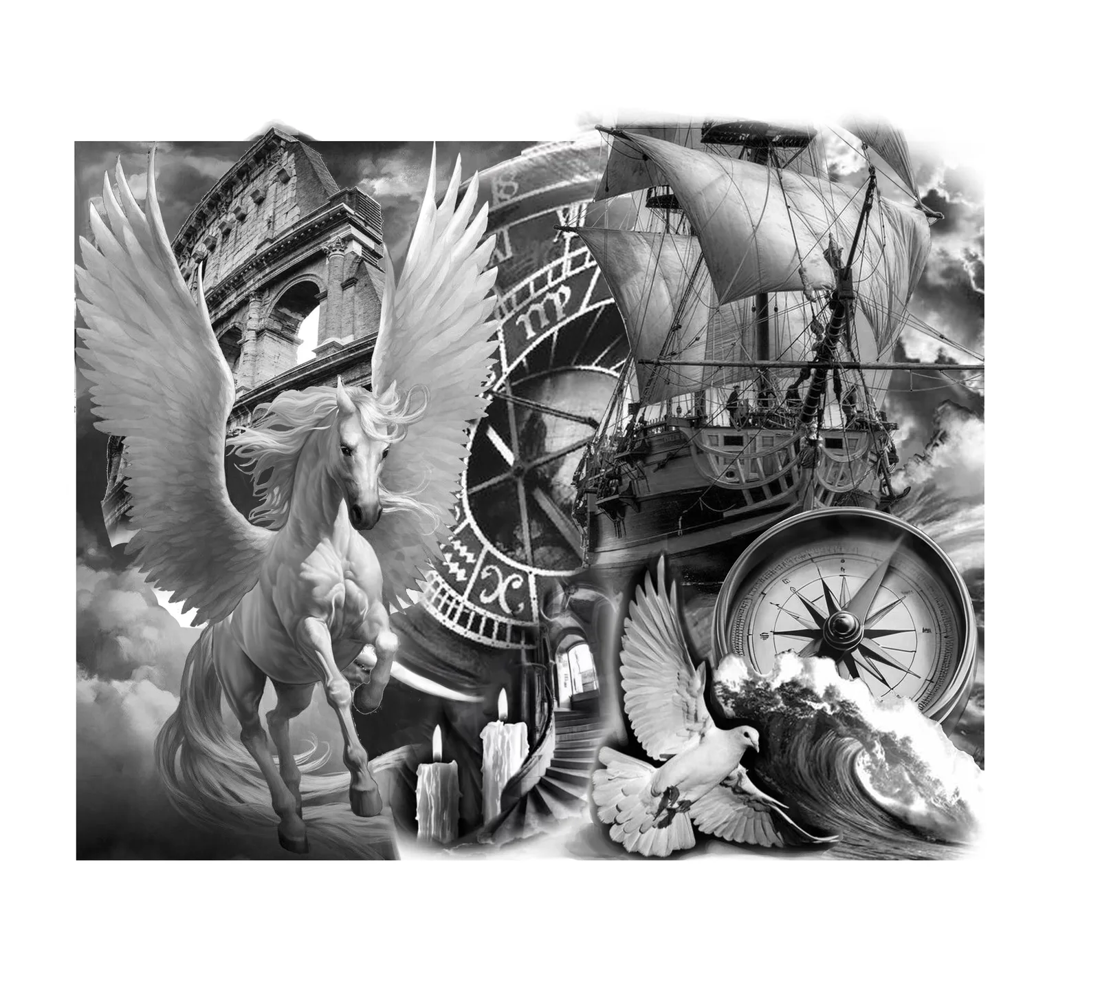 Pegasus Voyage — tattoo design concept, not a photograph of a tattoo