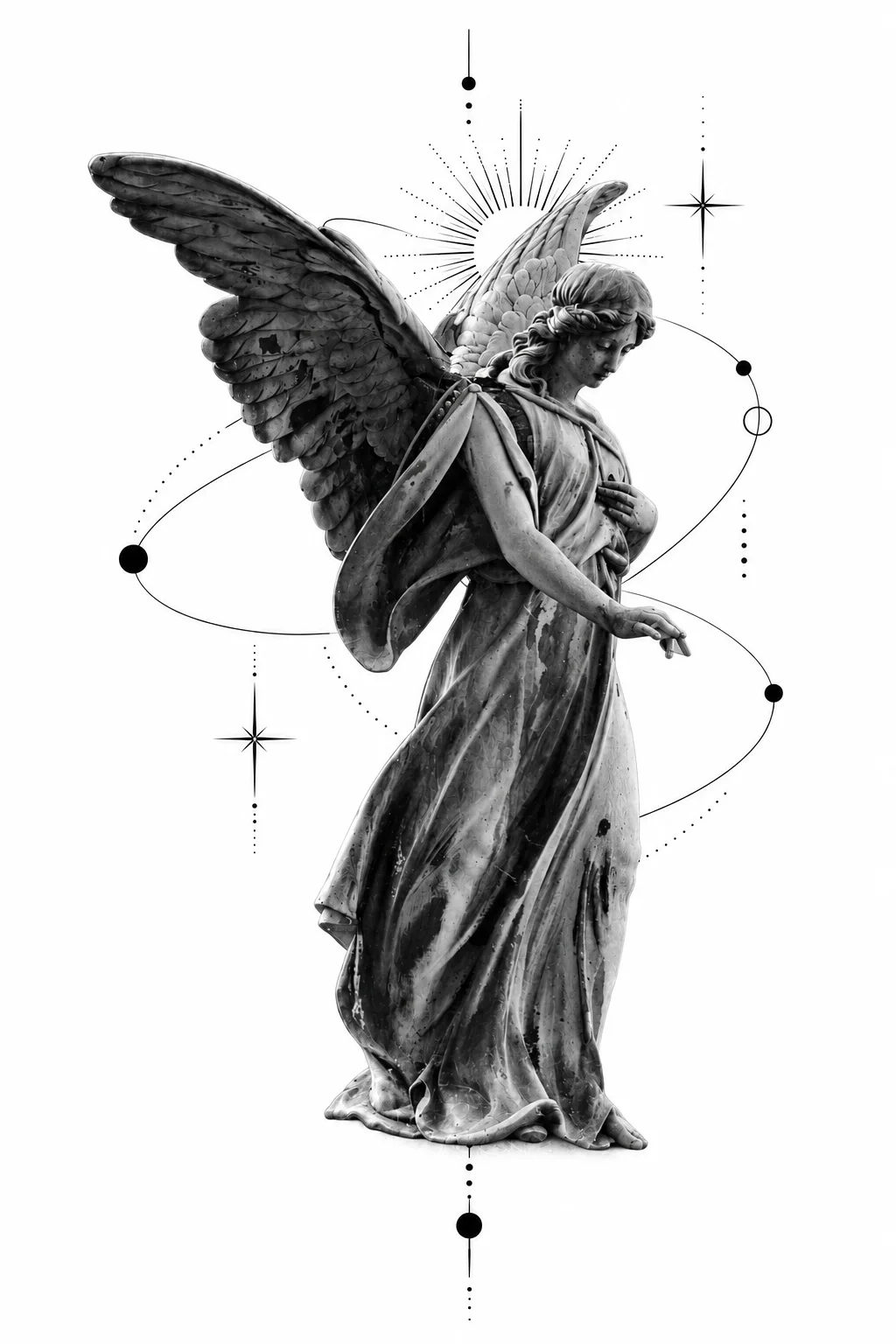 Angel with Orbits — tattoo design concept, not a photograph of a tattoo