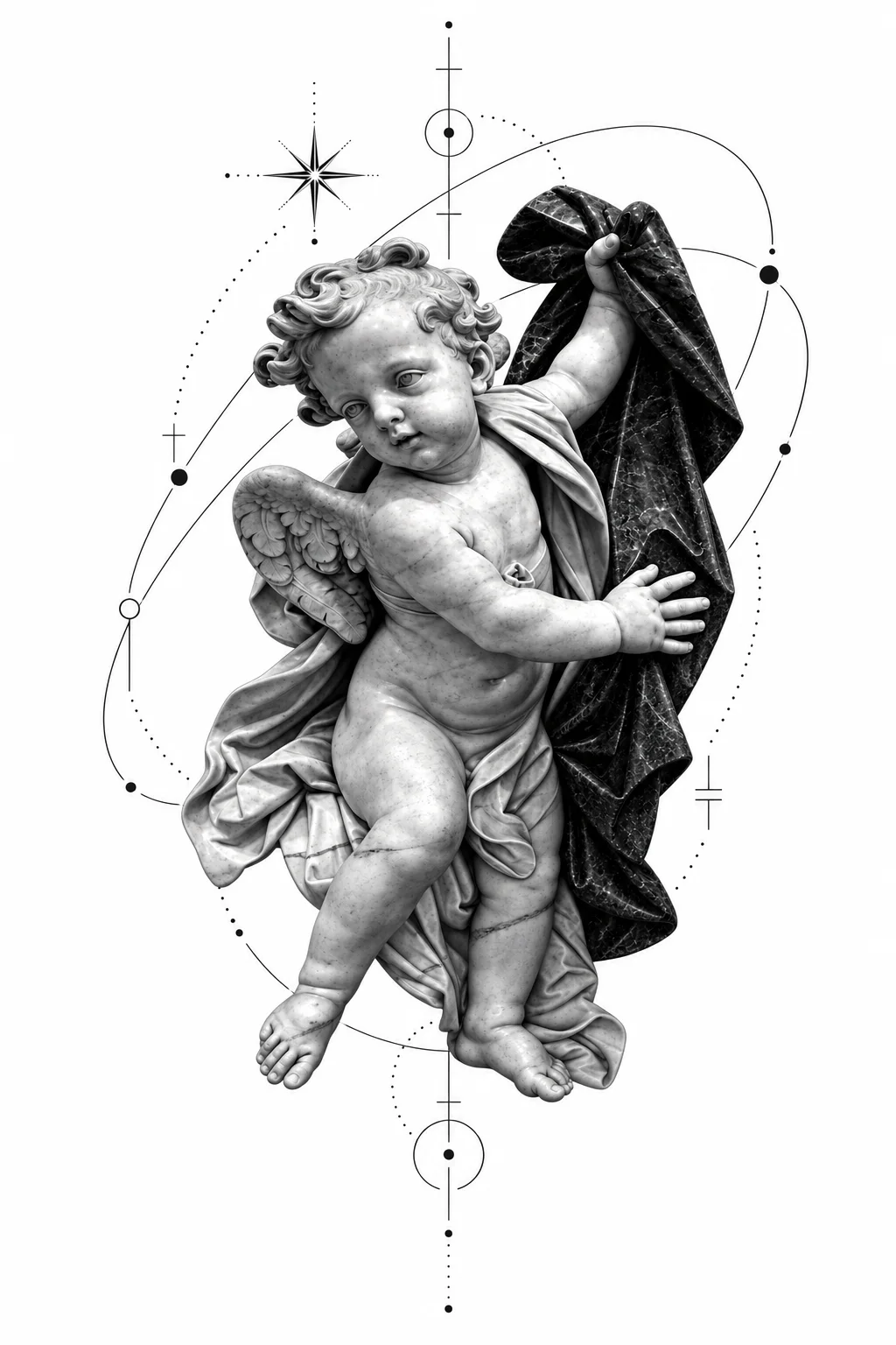 Cherub with Drapery — tattoo design concept, not a photograph of a tattoo