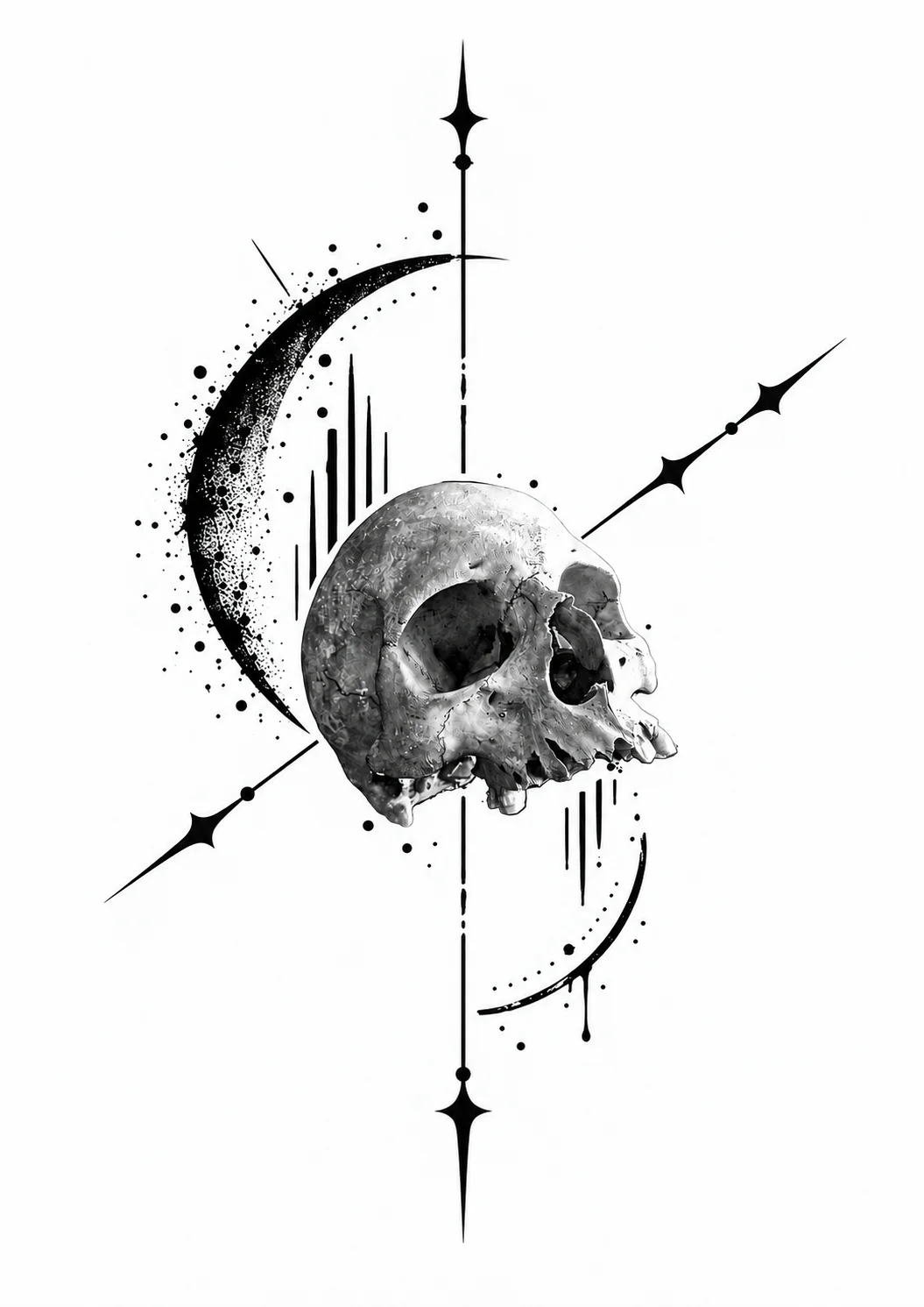 Skull and Crescent — tattoo design concept, not a photograph of a tattoo