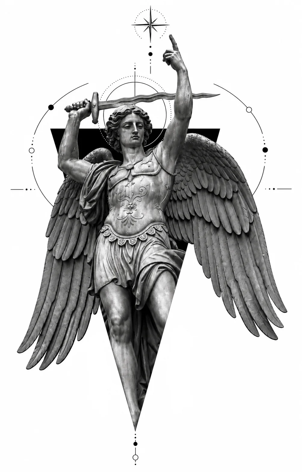 Angel with a Sword — tattoo design concept, not a photograph of a tattoo