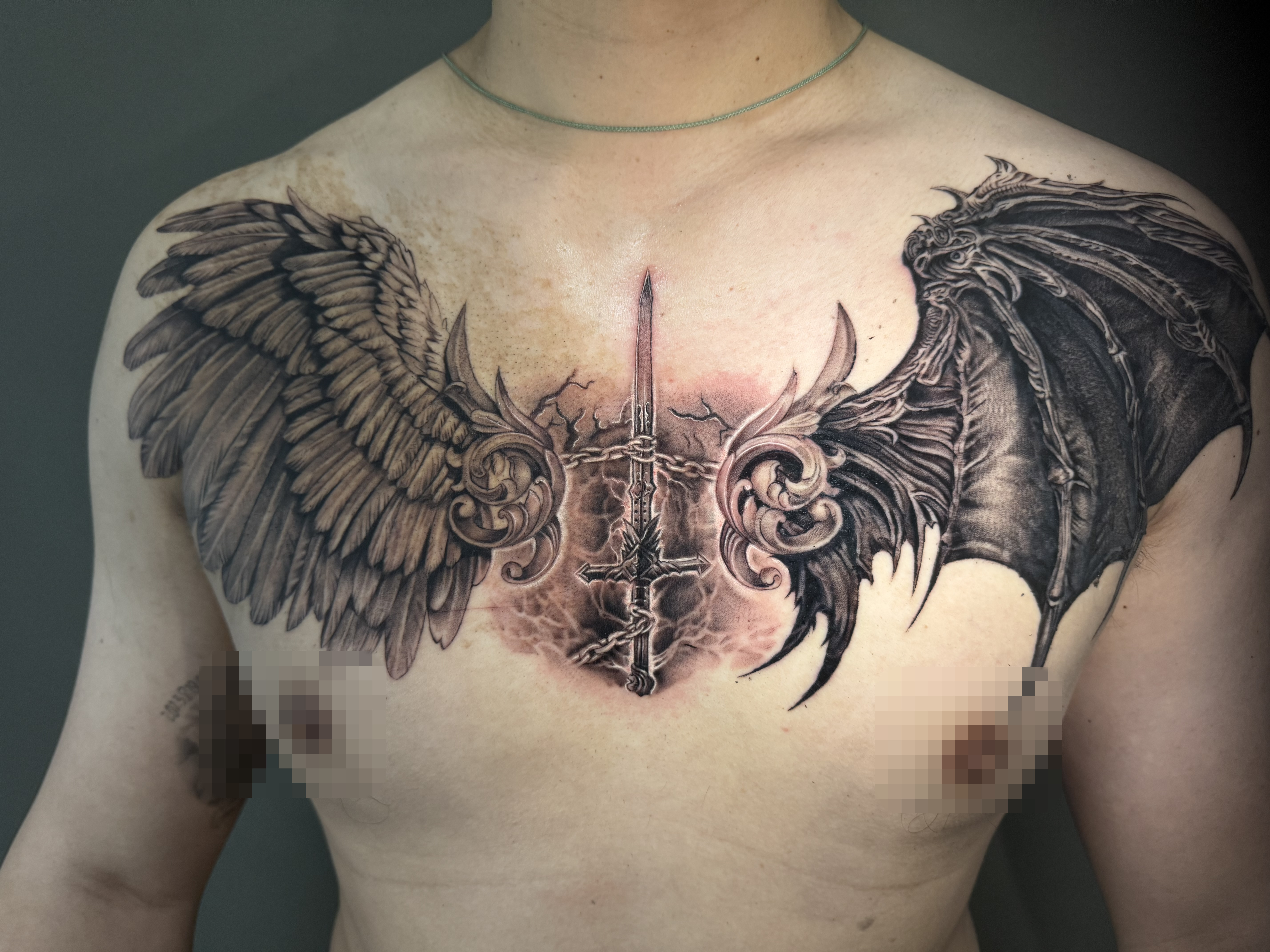 Angel & Demon tattoo by Zencat — Black & grey · Chest piece