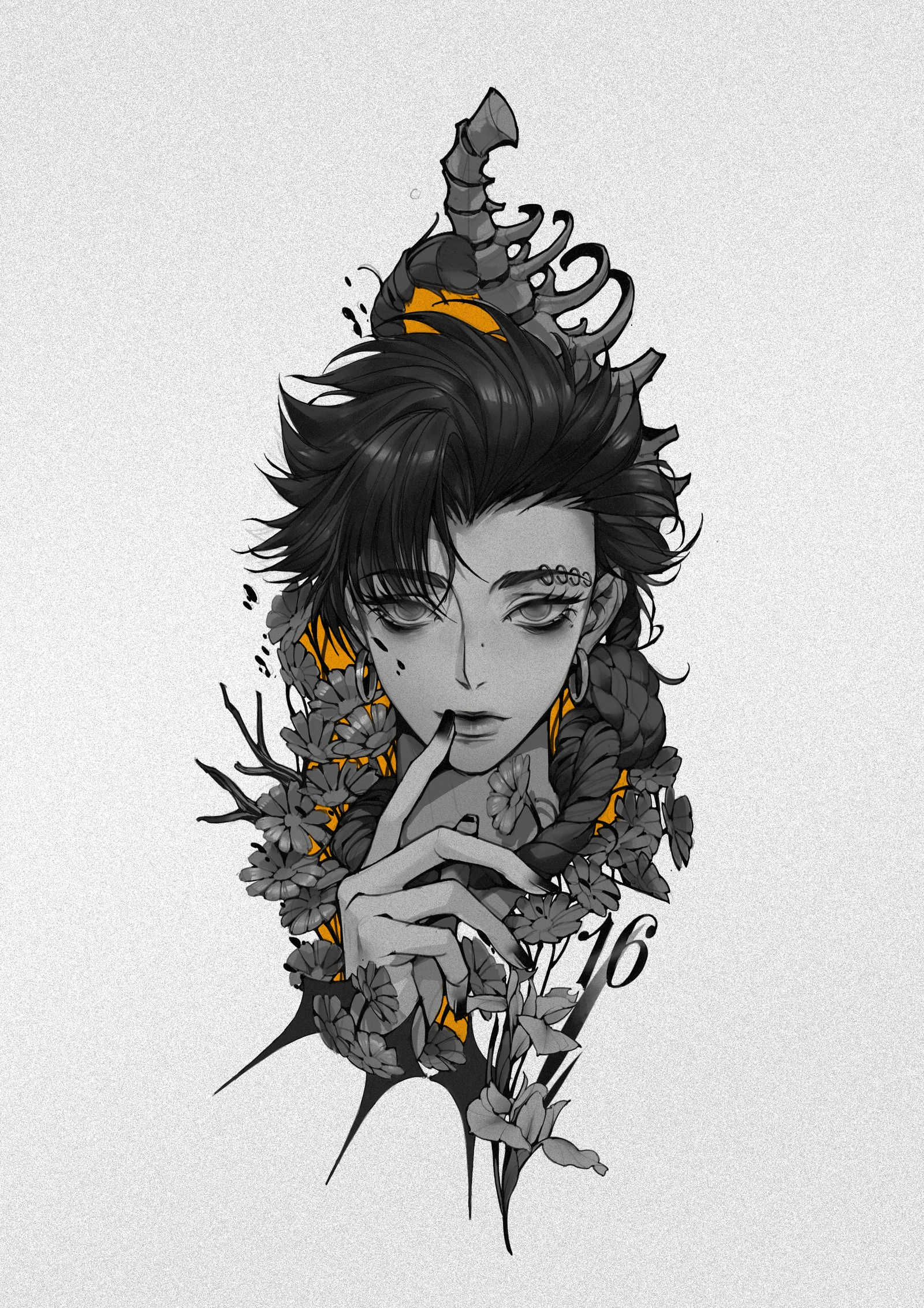 Original illustration · Character, flowers and orange accents