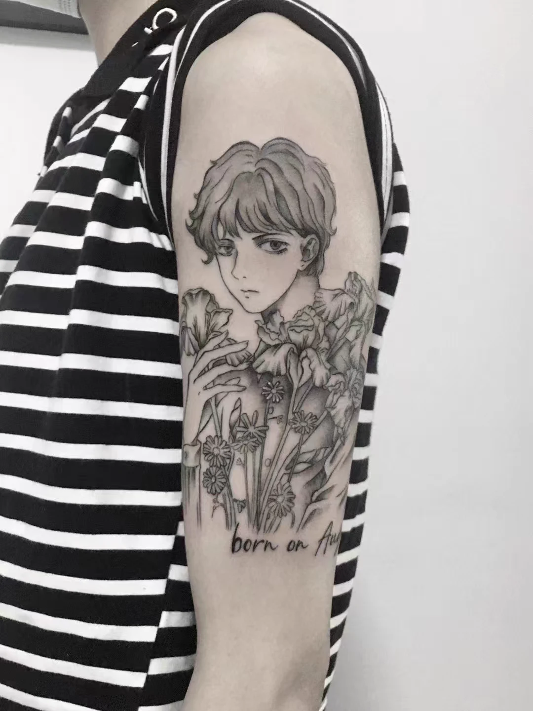 Finished tattoo · Iris and small daisies