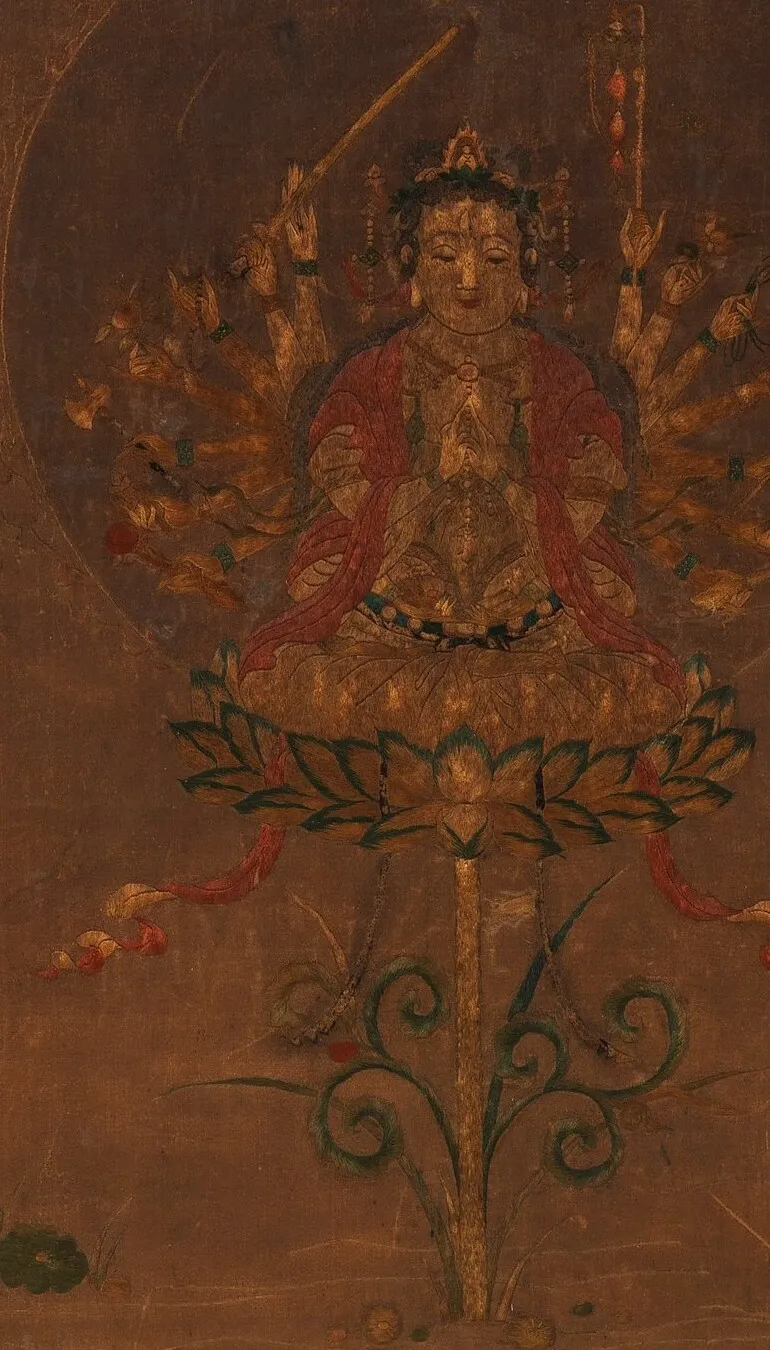 Thousand-armed Guanyin seated on lotus, Ming-dynasty silk embroidery — museum image, public domain