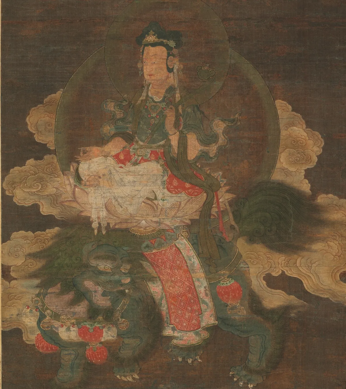 元代《释迦三尊》中的文殊骑狮，博物馆藏品图（公有领域）